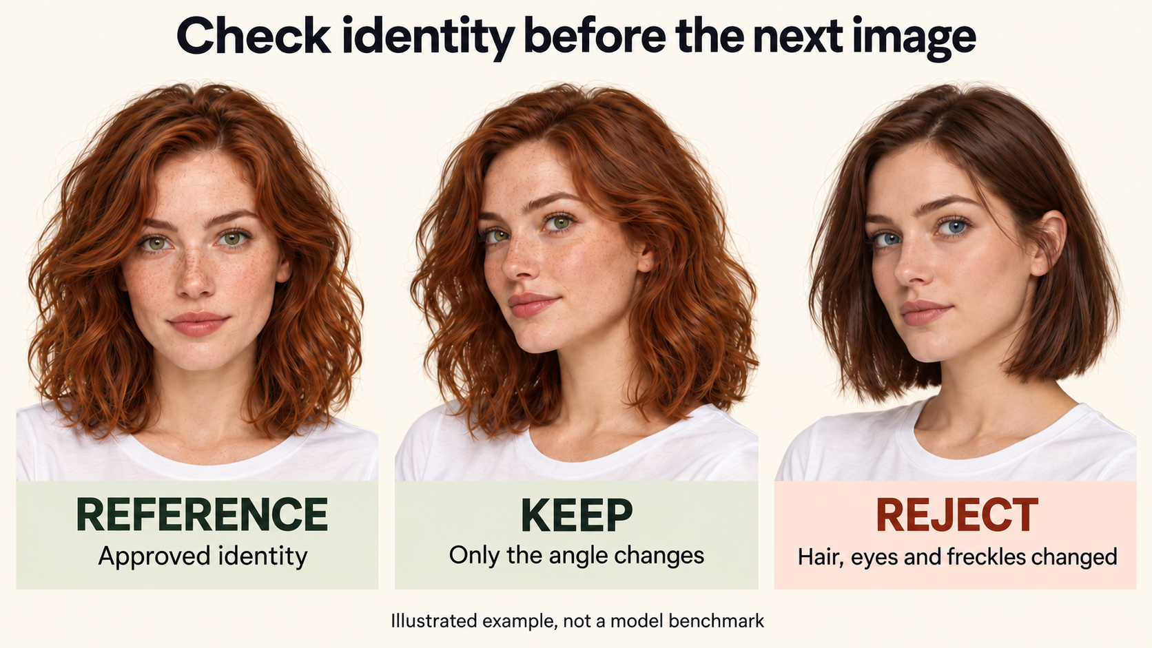 Illustrated character identity check: auburn hair, green eyes and freckles retained in a new angle, compared with an altered dark-haired blue-eyed variant.
