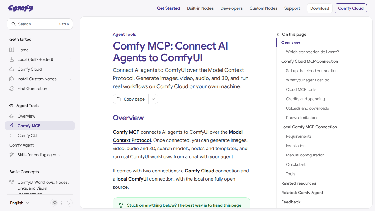 Official ComfyUI documentation explaining local and cloud MCP connections