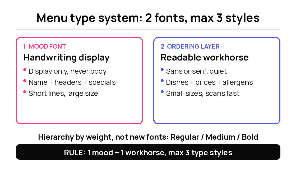 Diagram of the two-font restaurant menu type system: one handwriting mood font plus one readable workhorse font, max three type styles