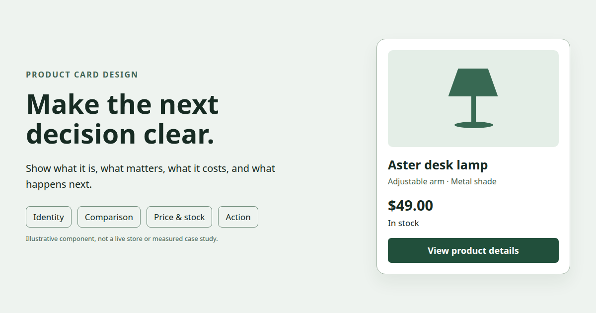 Illustrative product card showing a lamp, comparison details, price, stock, and a clear action